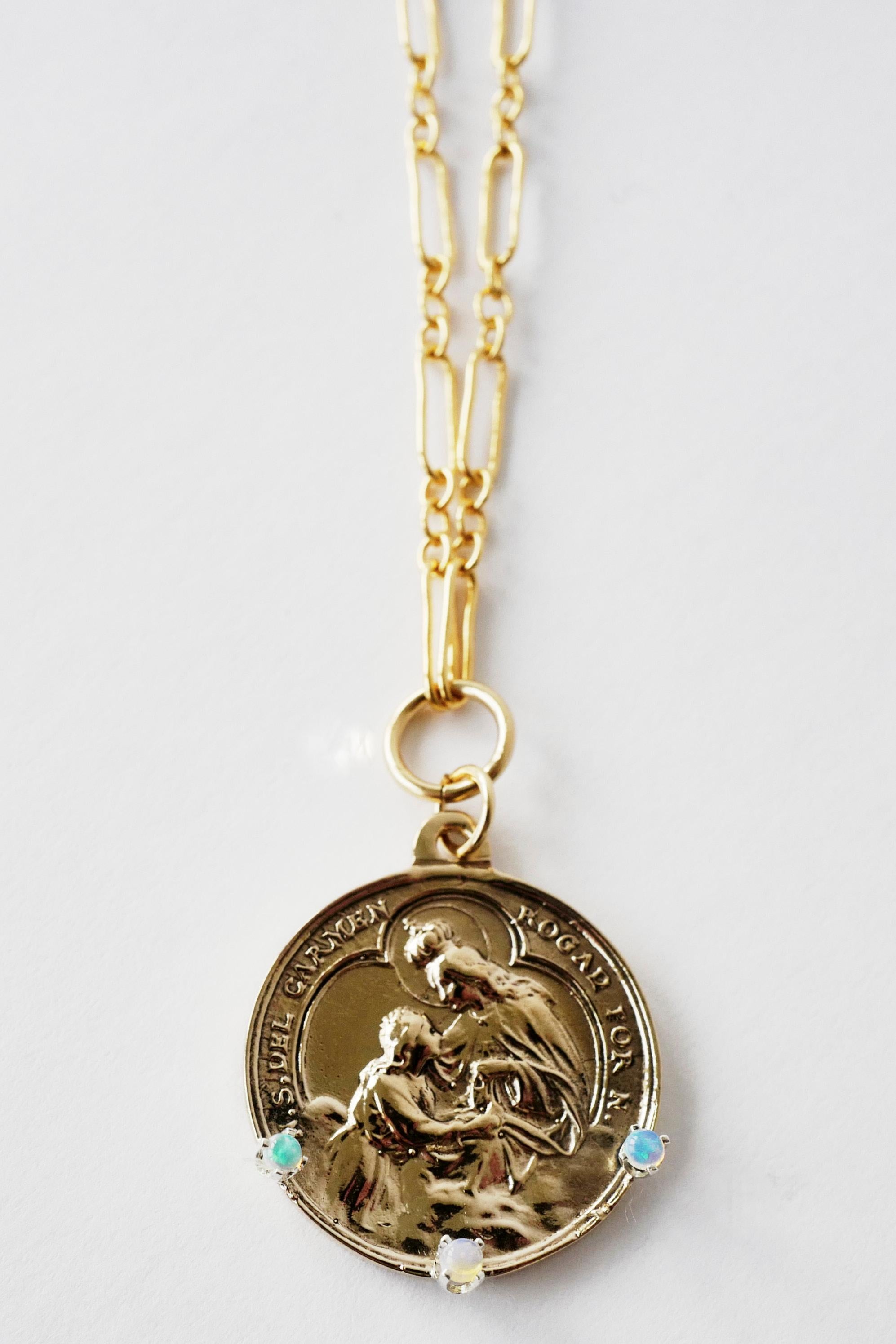 Opal Medal Necklace Virgin Mary Pendant Long Chain Gold Vermeil J Dauphin For Sale 4