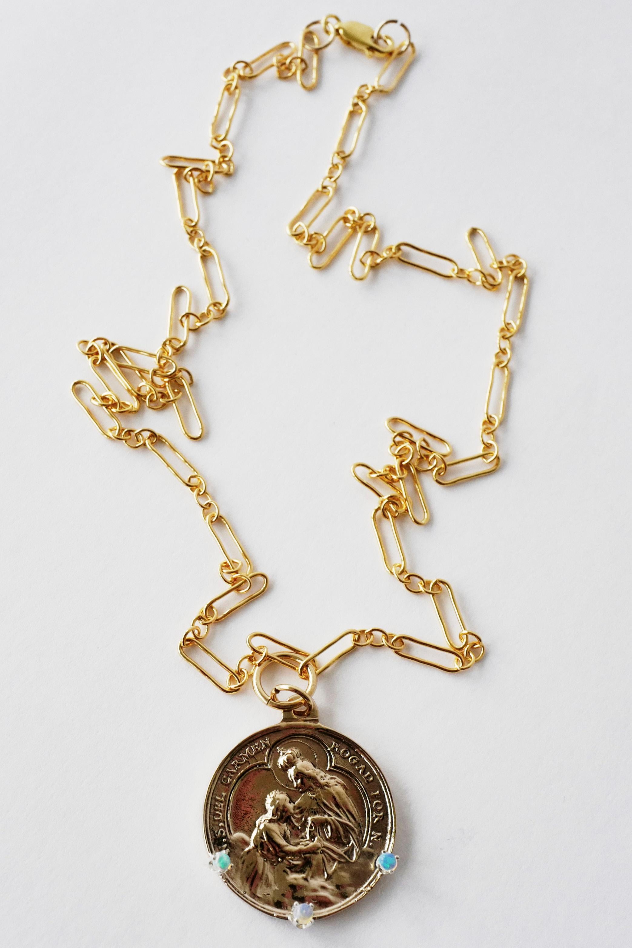 Opal Medal Necklace Virgin Mary Pendant Long Chain Gold Vermeil J Dauphin For Sale 5