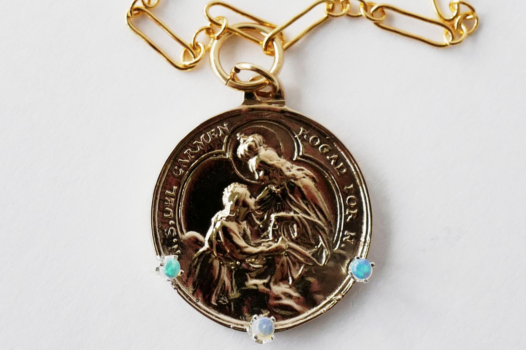 Opal Medal Necklace Virgin Mary Pendant Long Chain Gold Vermeil J Dauphin For Sale 6