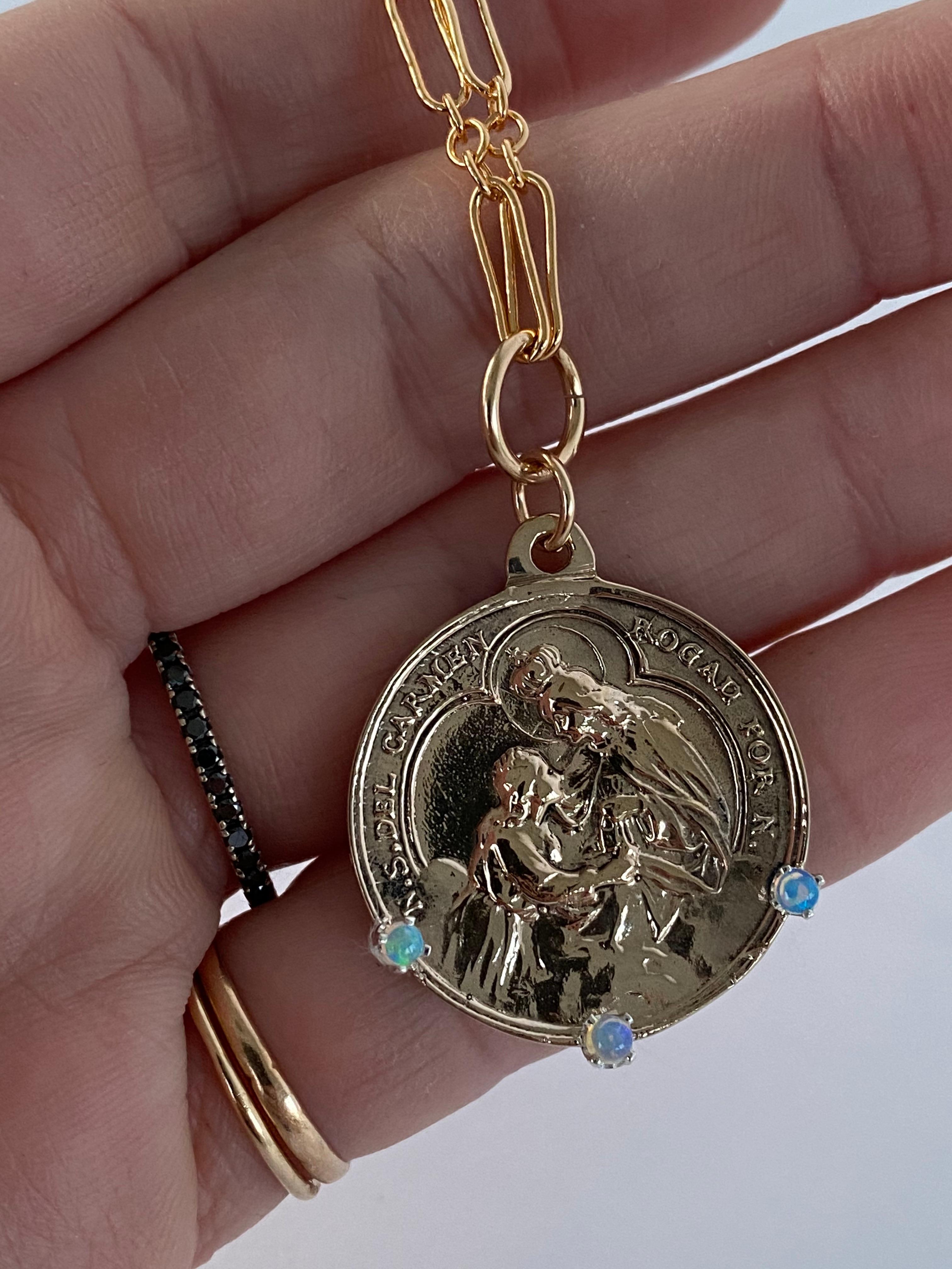Opal Medal Necklace Virgin Mary Pendant Long Chain Gold Vermeil J Dauphin For Sale 7