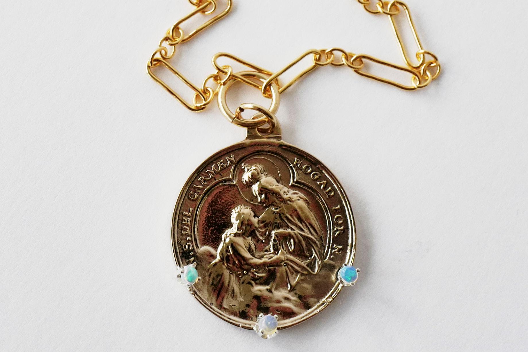 Victorian Opal Medal Necklace Virgin Mary Pendant Long Chain Gold Vermeil J Dauphin For Sale