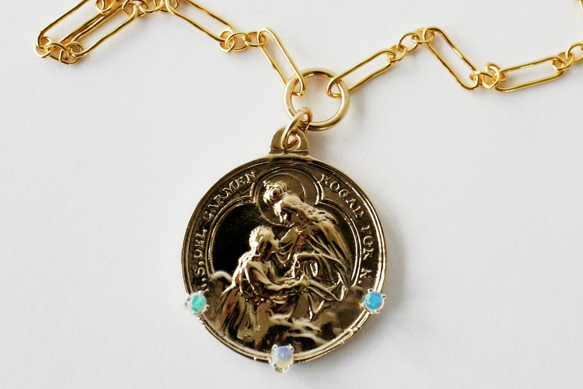 Round Cut Opal Medal Necklace Virgin Mary Pendant Long Chain Gold Vermeil J Dauphin For Sale