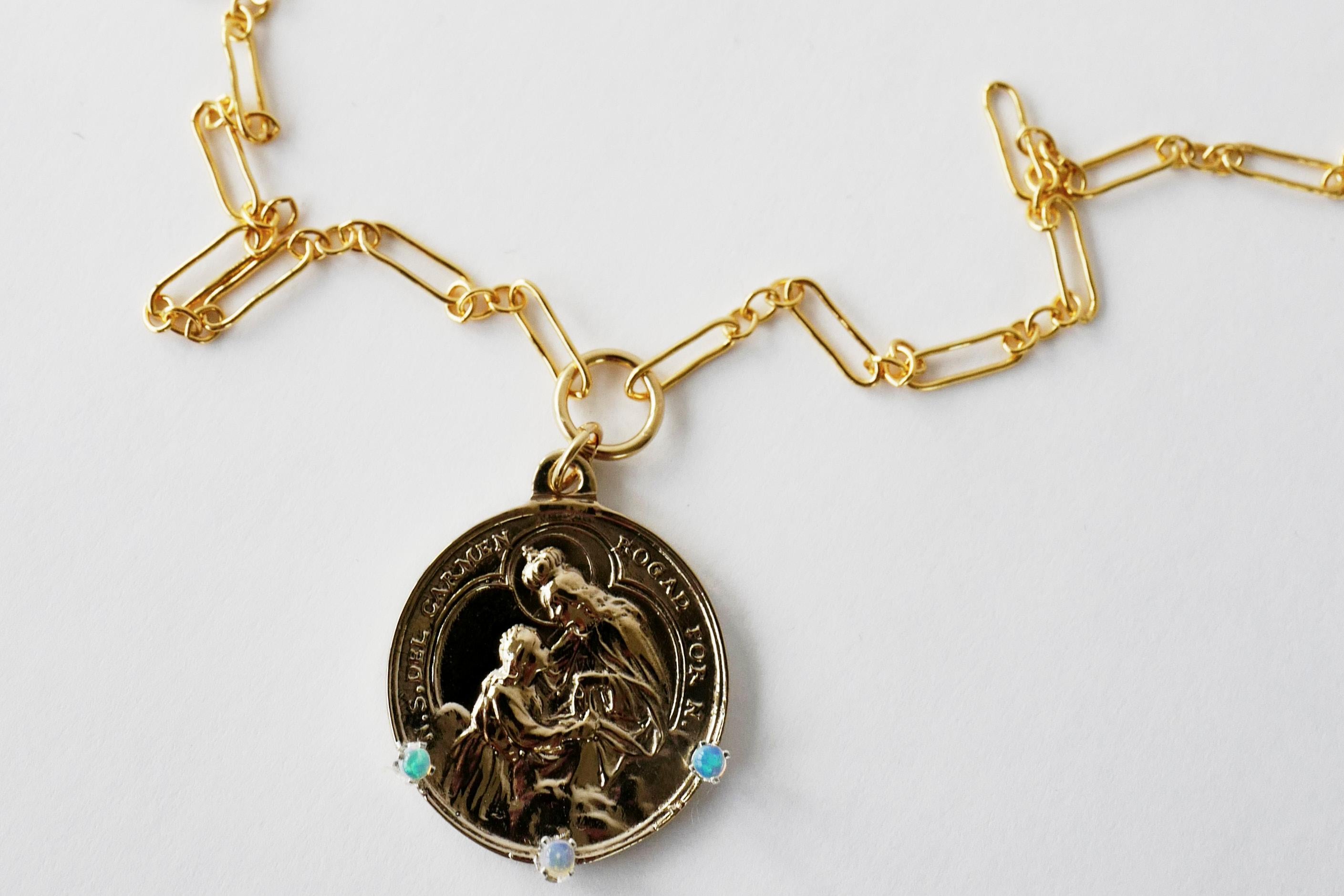 Women's Opal Medal Necklace Virgin Mary Pendant Long Chain Gold Vermeil J Dauphin For Sale