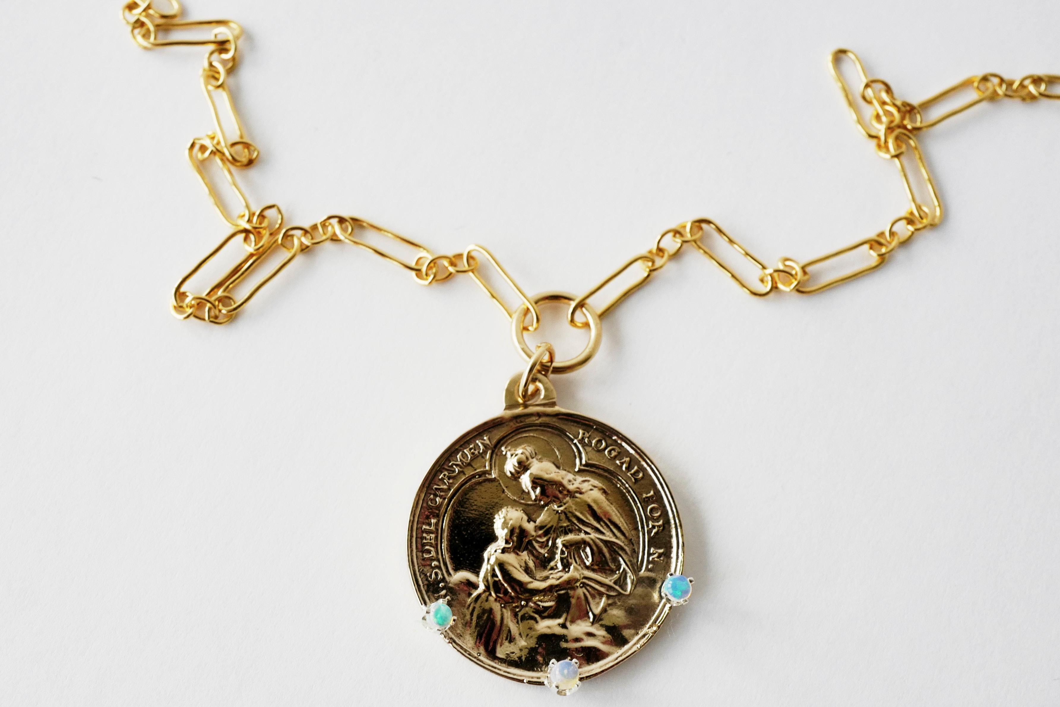Opal Medal Necklace Virgin Mary Pendant Long Chain Gold Vermeil J Dauphin For Sale 1