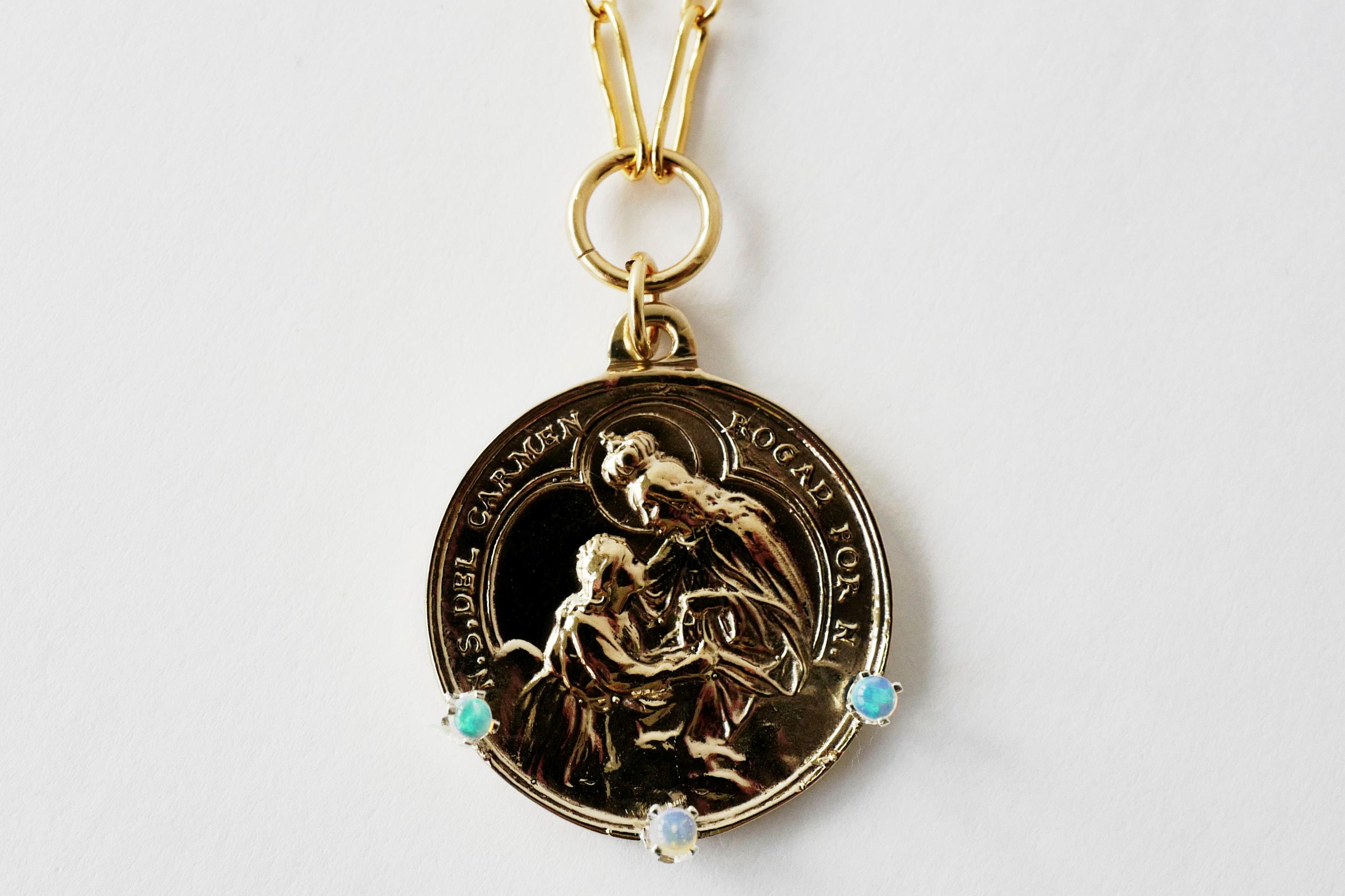 Opal Medal Necklace Virgin Mary Pendant Long Chain Gold Vermeil J Dauphin For Sale 3