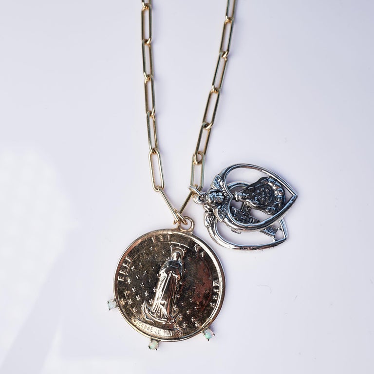 This Unique One of a kind  Chain Necklace with a Jeanne Le Mat French Bronze Medal has 3 Opals set in gold prongs and has two twin pieces of Sterling Silver Hearts Pendant . The Chunky Chain is a Gold Filled Necklace 28
