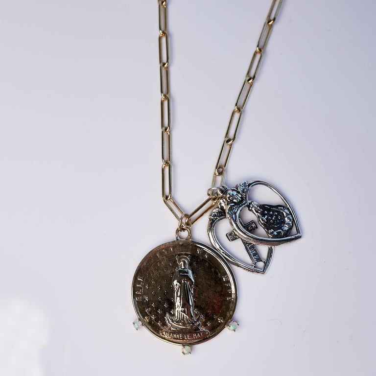 Brilliant Cut Opal Medal Saint Chunky Chain Necklace Sacred Heart Silver J Dauphin For Sale