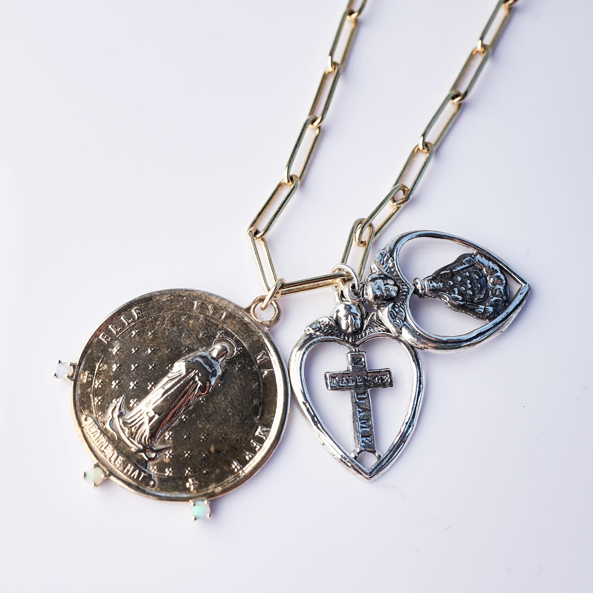 Brilliant Cut Opal Medal Saint Chunky Chain Necklace Sacred Heart Silver J Dauphin For Sale