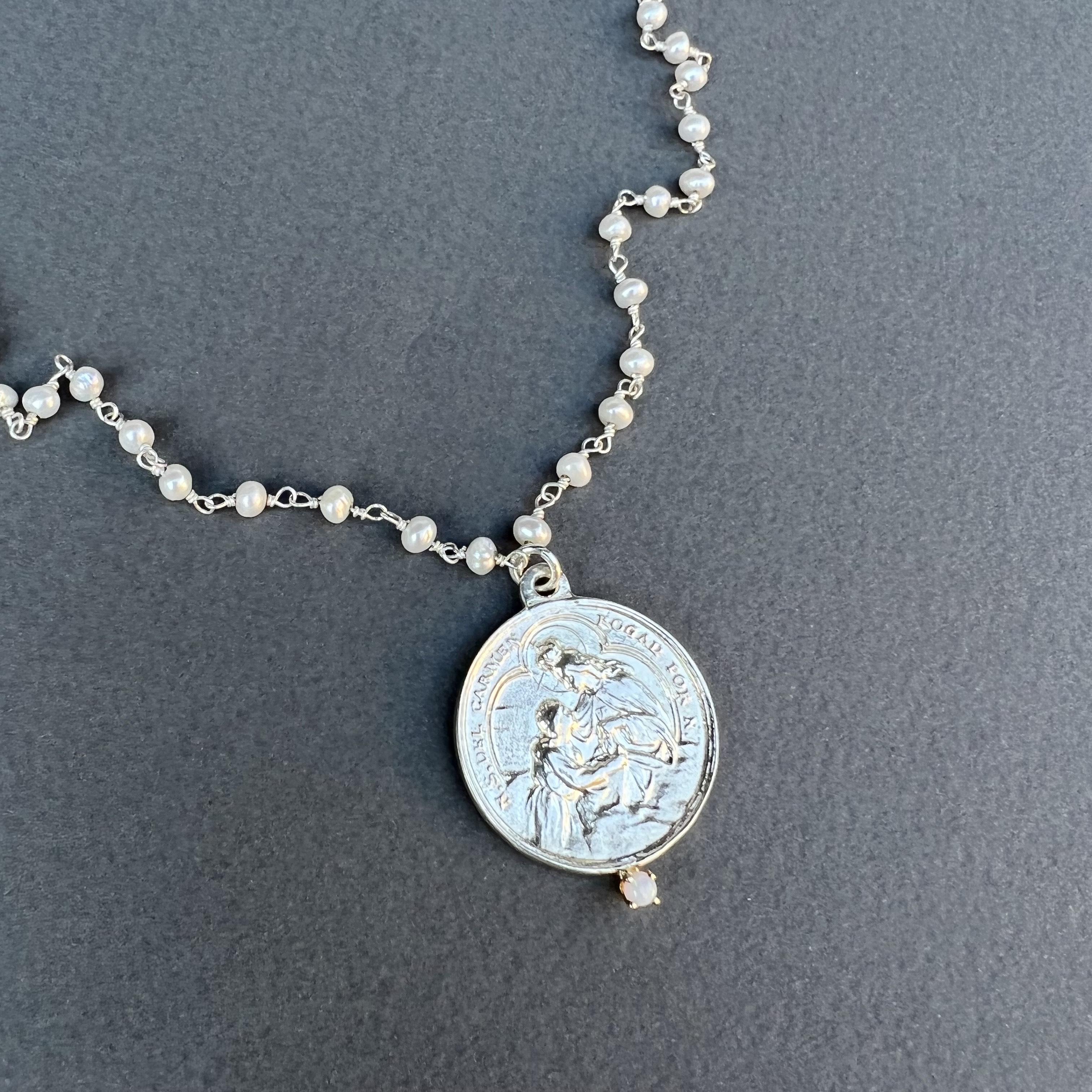 Silber Medaille Perlenkette Jungfrau Maria Opal J Dauphin Damen im Angebot
