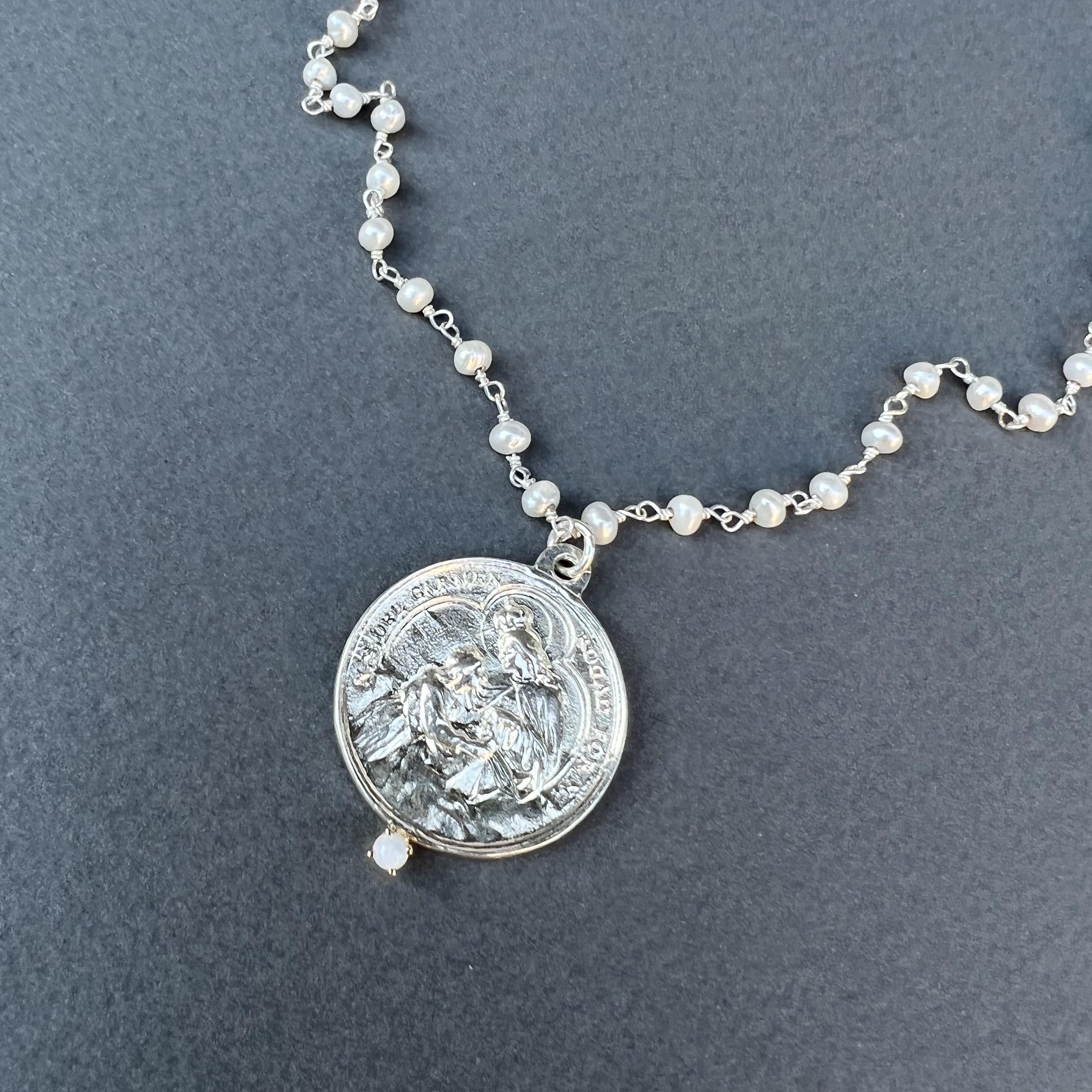 Silber Medaille Perlenkette Jungfrau Maria Opal J Dauphin im Angebot 3