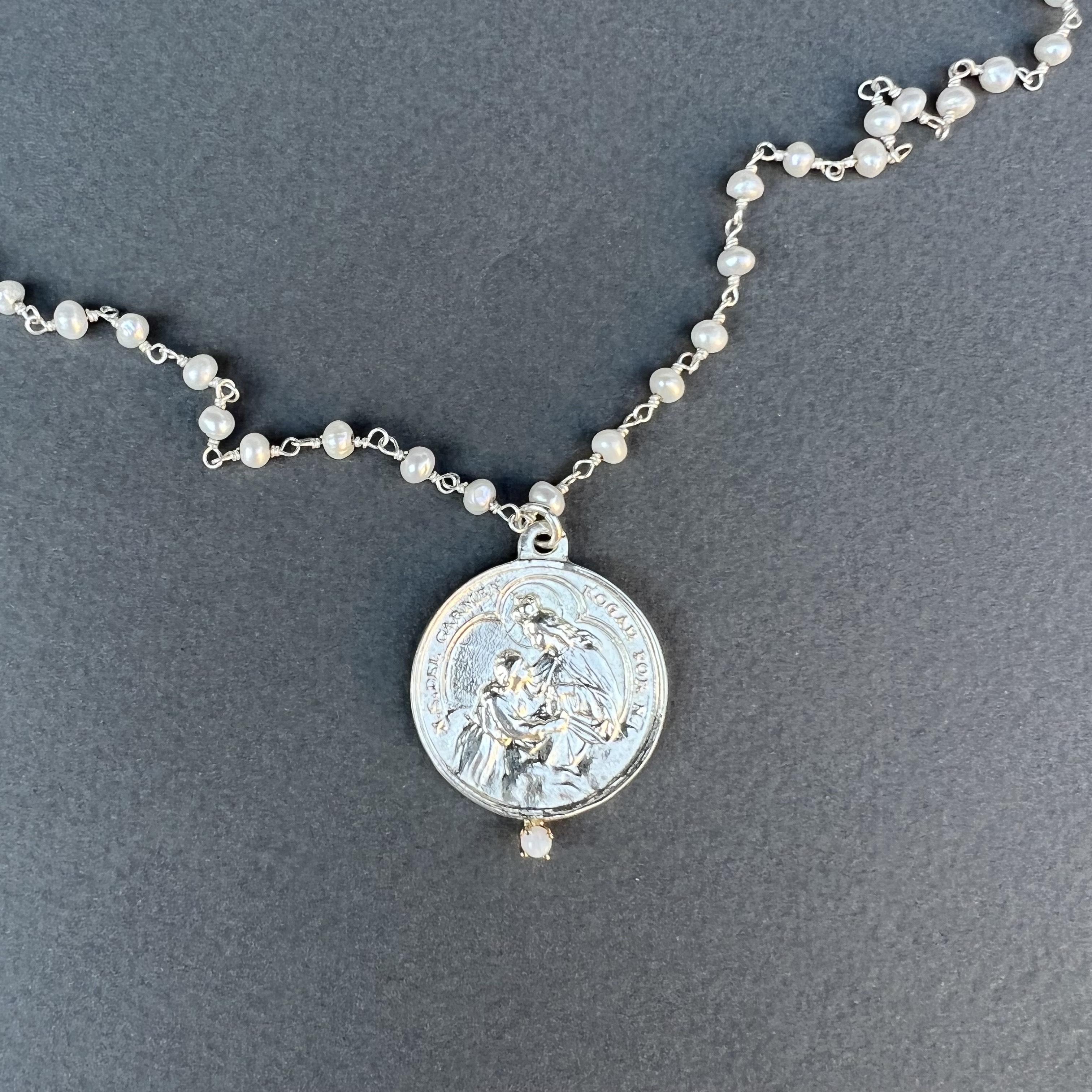 Silver Medal Pearl Necklace Virgin Mary Opal J Dauphin For Sale 2