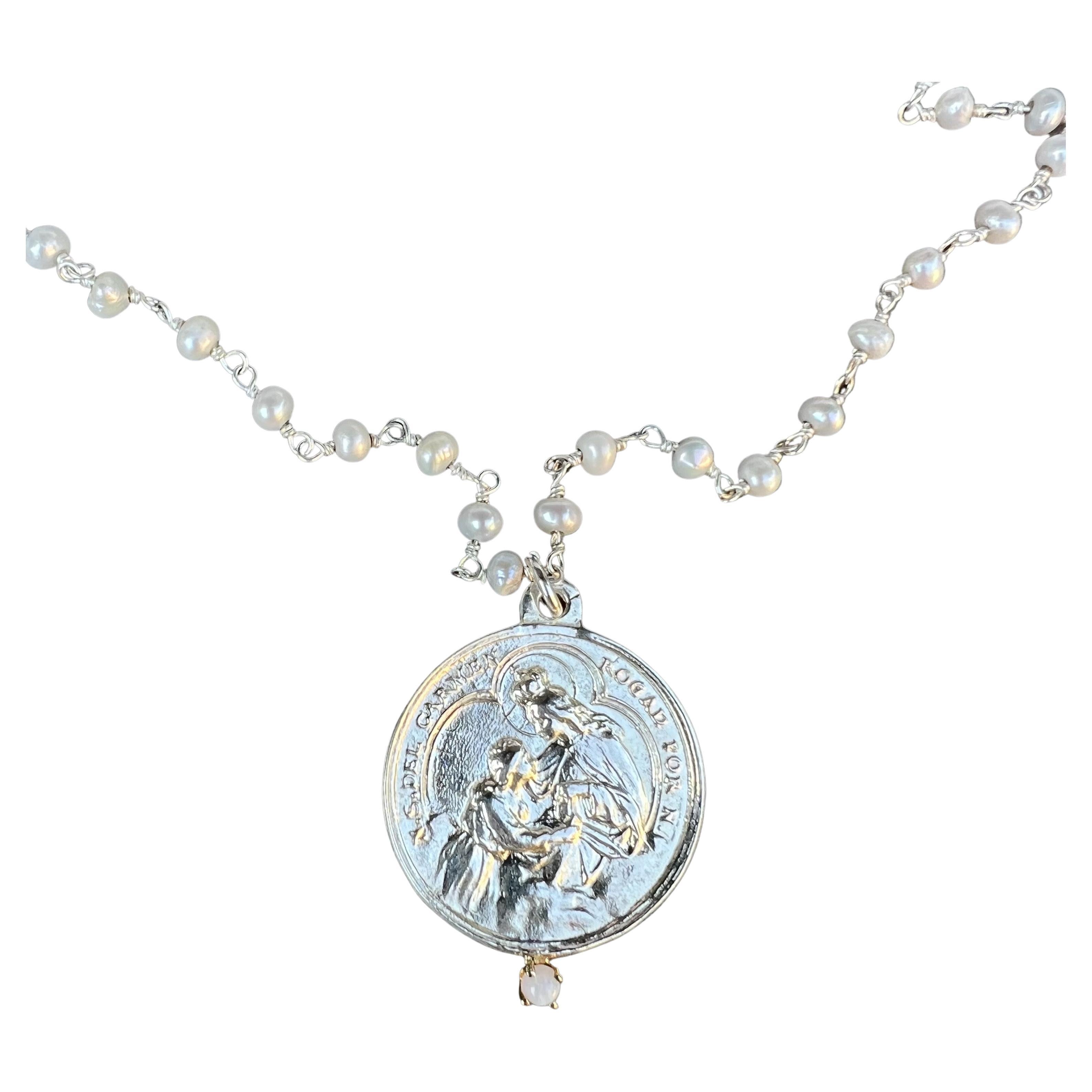 Silver Medal Pearl Necklace Virgin Mary Opal J Dauphin For Sale