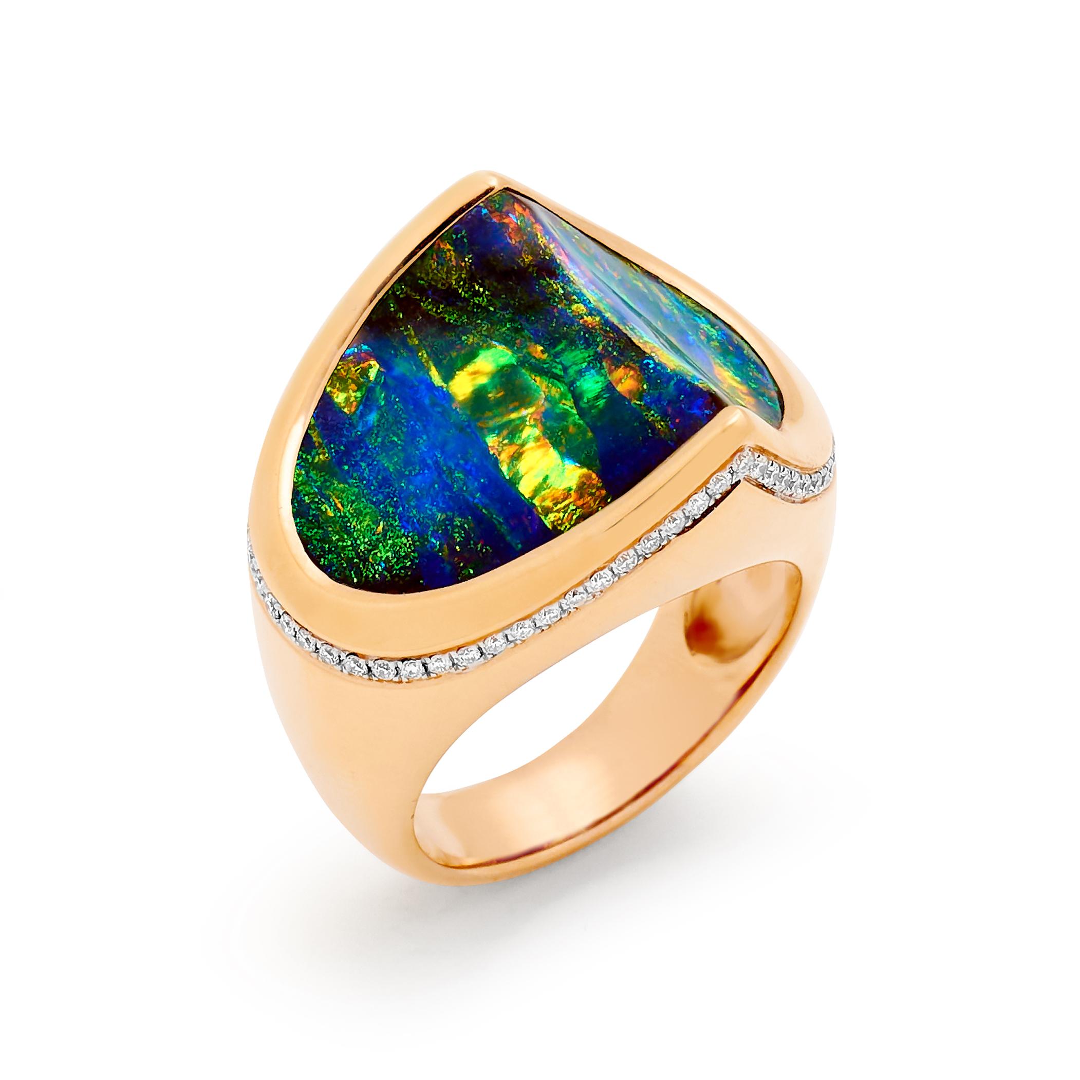Australian 16.46ct Boulder Opal  and Diamond Cocktail Ring in 18K Rose Gold In New Condition In Sydney, AU