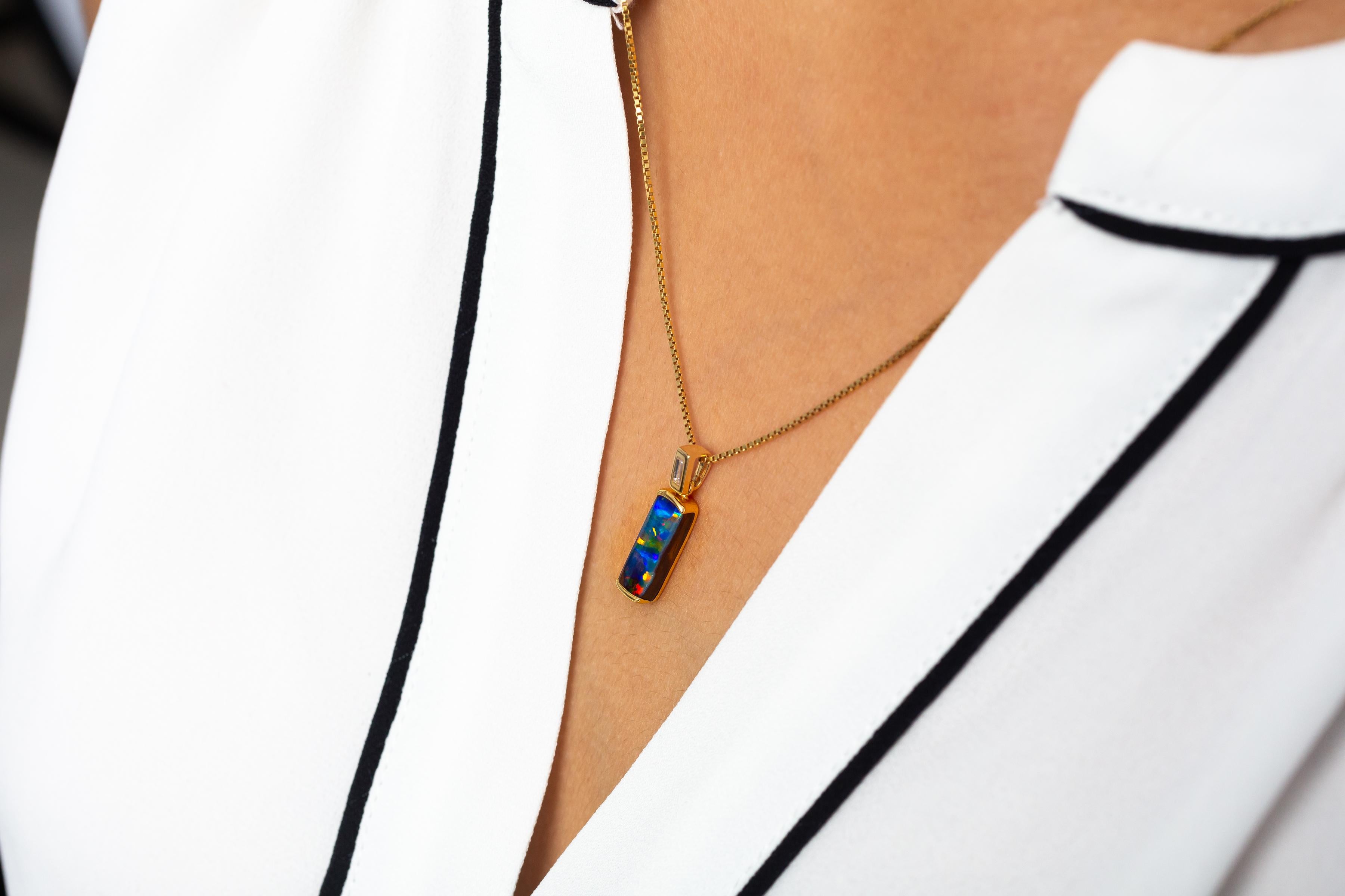 Contemporary Natural Australian 2.54ct  Boulder Opal and Diamond Pendant Necklace in 18K Gold