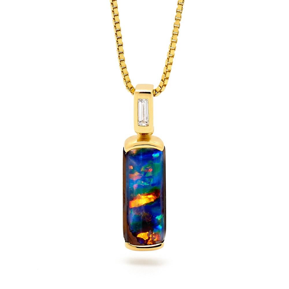 Cabochon Natural Australian 2.54ct  Boulder Opal and Diamond Pendant Necklace in 18K Gold