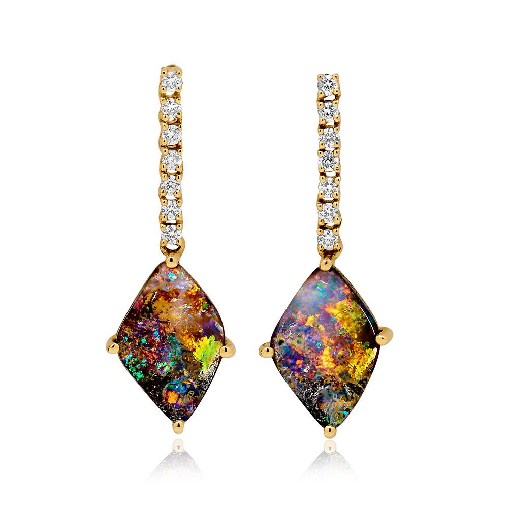 Contemporary Australian 4.26ct Boulder Opal and Diamond Drop Earrings in 18K Yellow Gold