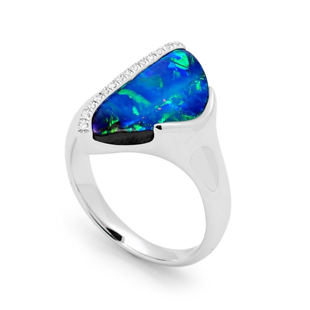 Contemporary Natural Australian 4.28ct Boulder Opal and Diamond Cocktail Ring 18K White Gold For Sale