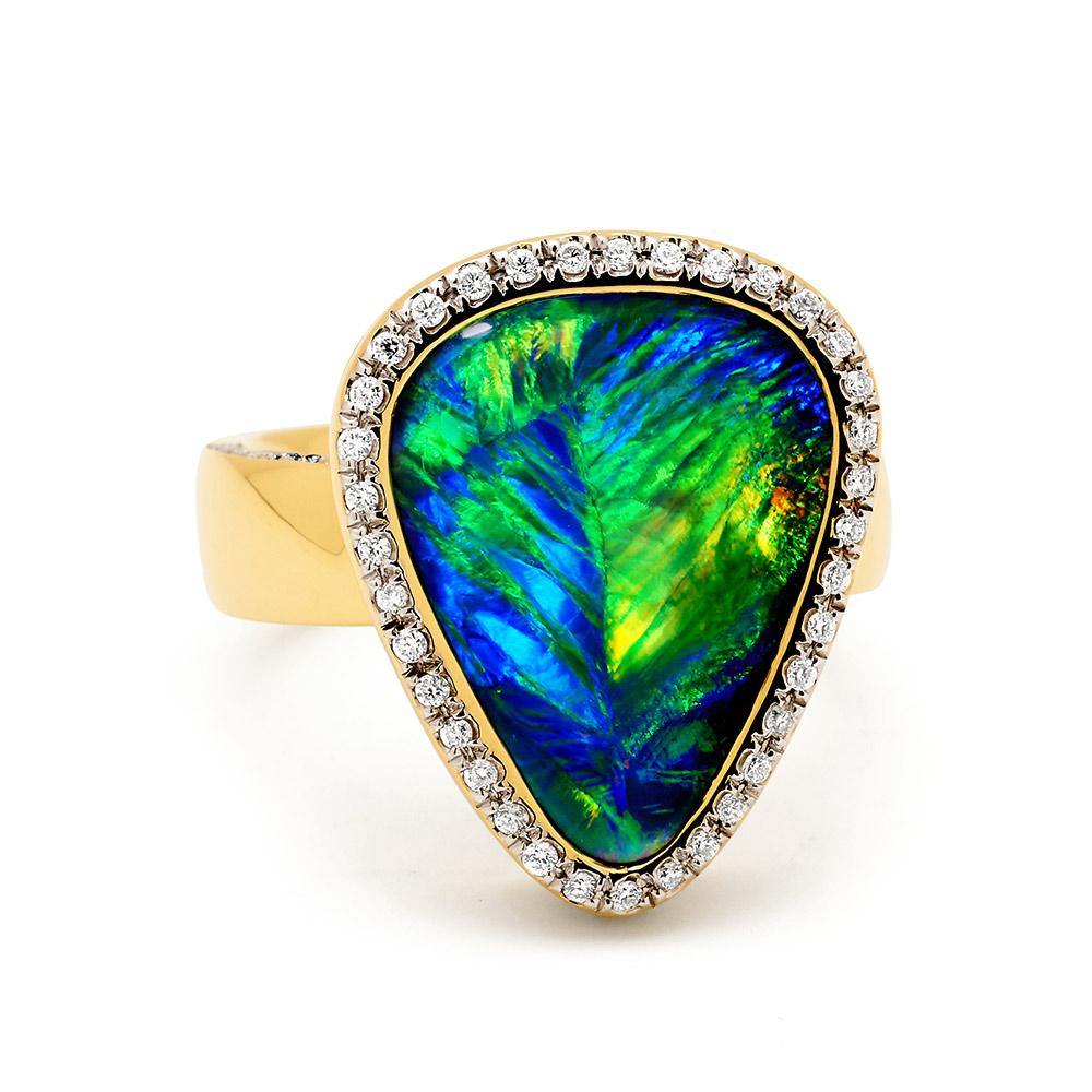 Cabochon Australian 5.03ct Black Opal and Diamond Cocktail Ring in 18K Yellow Gold