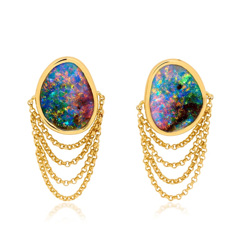 Contemporary Natural Australian 8.21ct Boulder Opal Dangle Earrings in 18K Yellow Gold For Sale