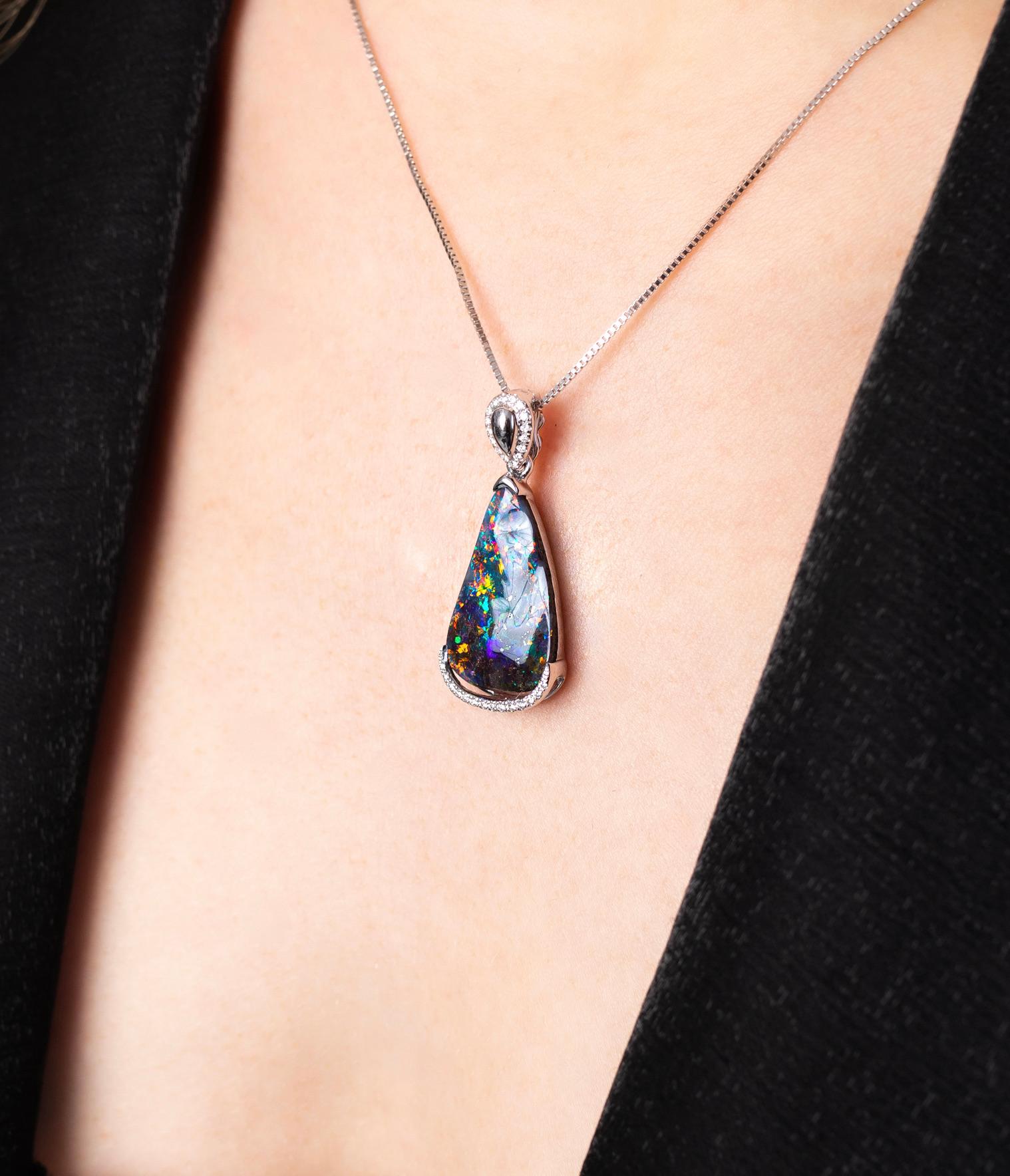 Mixed Cut Natural Australian 8.22ct Boulder Opal Diamond Pendant Necklace 18K White Gold For Sale