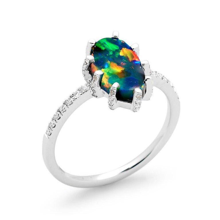 Contemporary Natural Australian 1.86ct Black Opal and Diamond Engagement Ring 18K White Gold For Sale