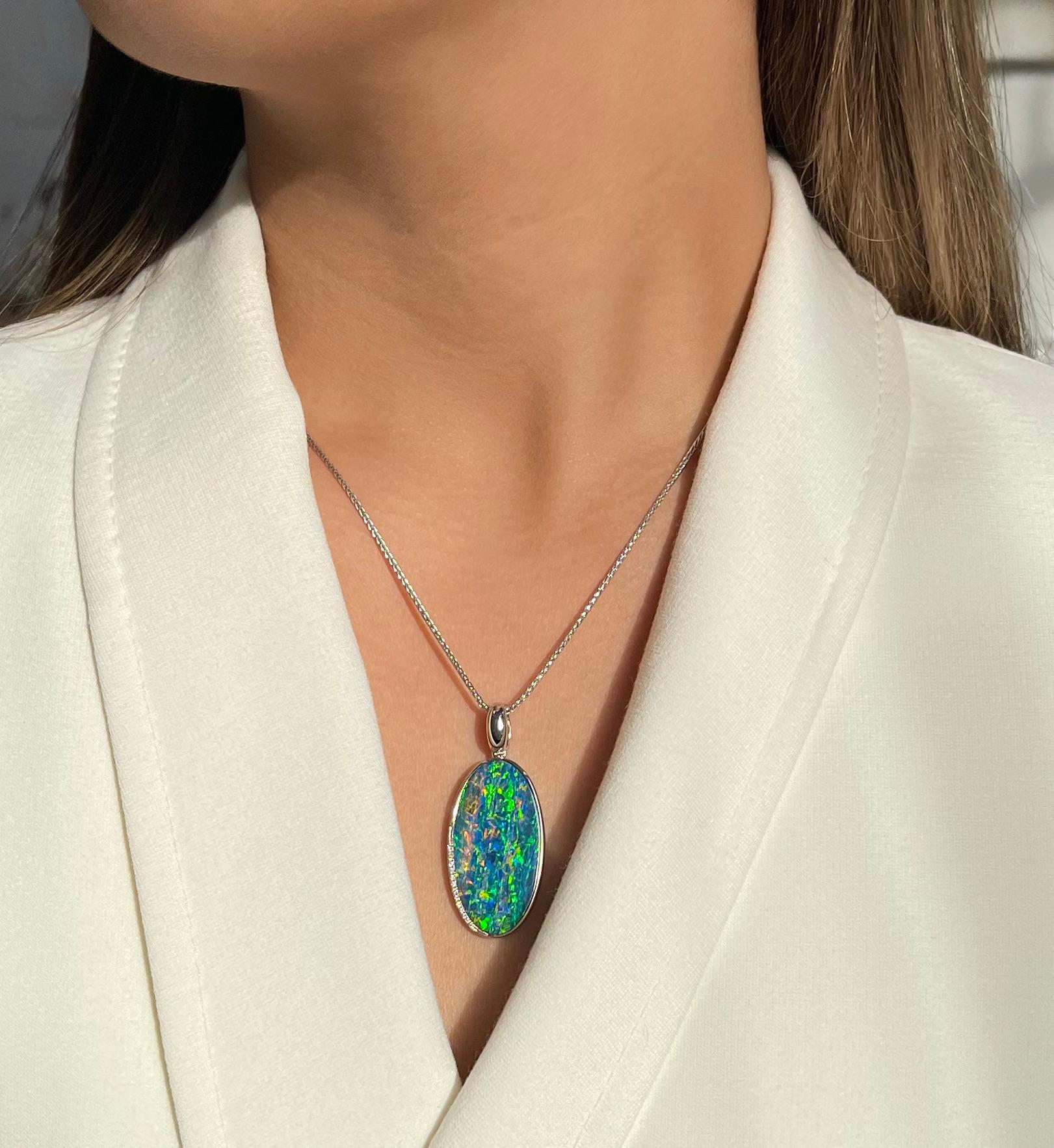 Contemporary Australian 15.54ct Opal Doublet and Diamond Necklace in 18K White Gold