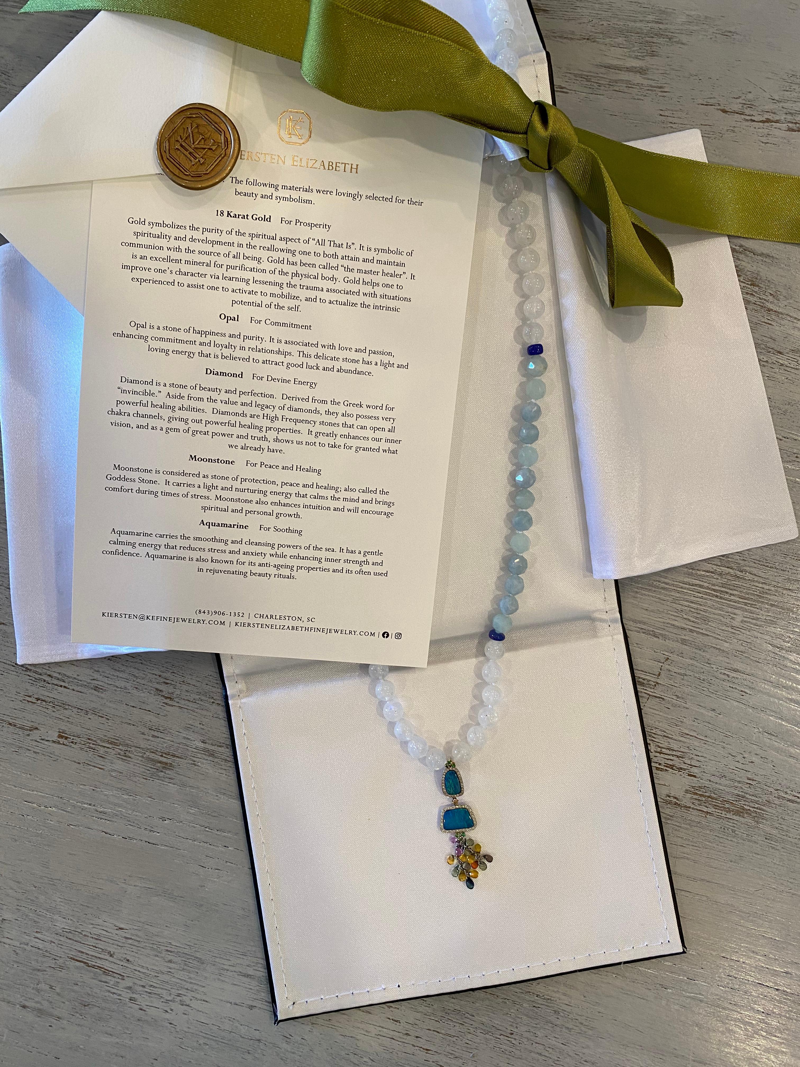 Artisan Opal, Moonstone, Aquamarine, Sapphire Mala / Meditation / Prayer Necklace 14k WG