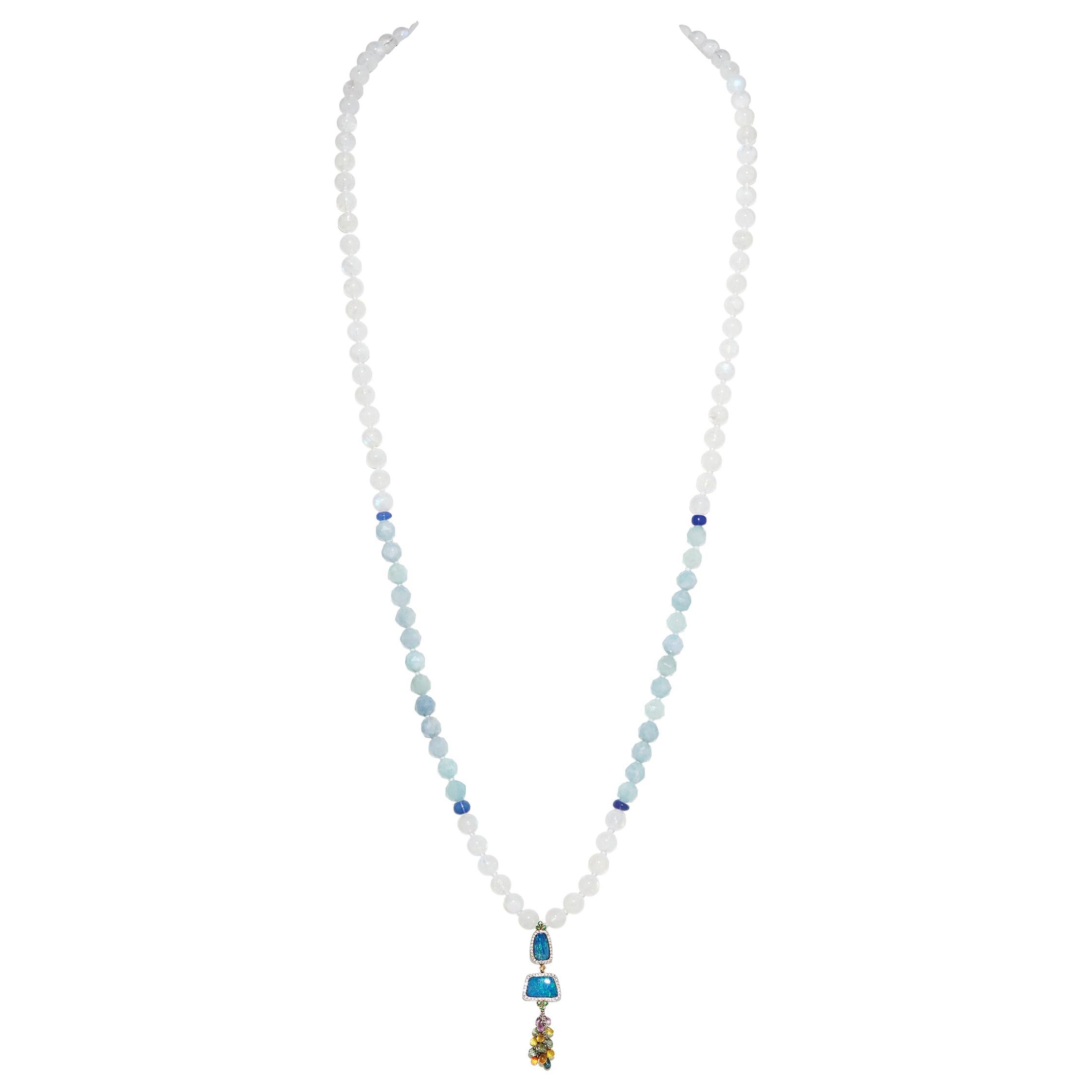 Opal, Moonstone, Aquamarine, Sapphire Mala / Meditation / Prayer Necklace 14k WG