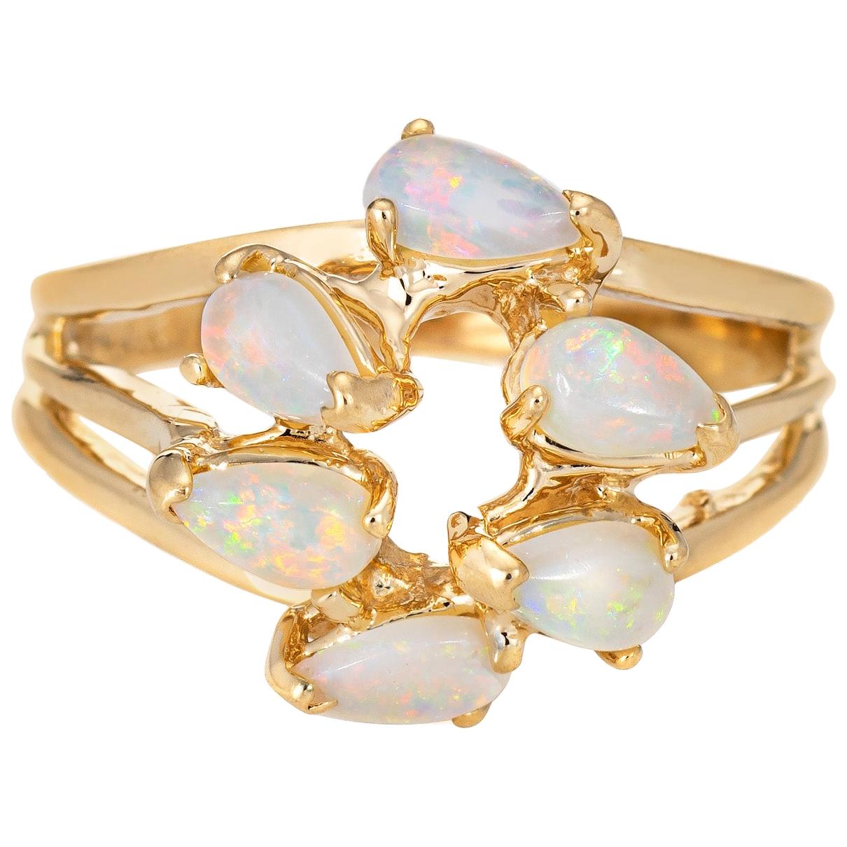 Opal Mosaic Ring Vintage 14 Karat Yellow Gold Estate Fine Jewelry Pear Cut