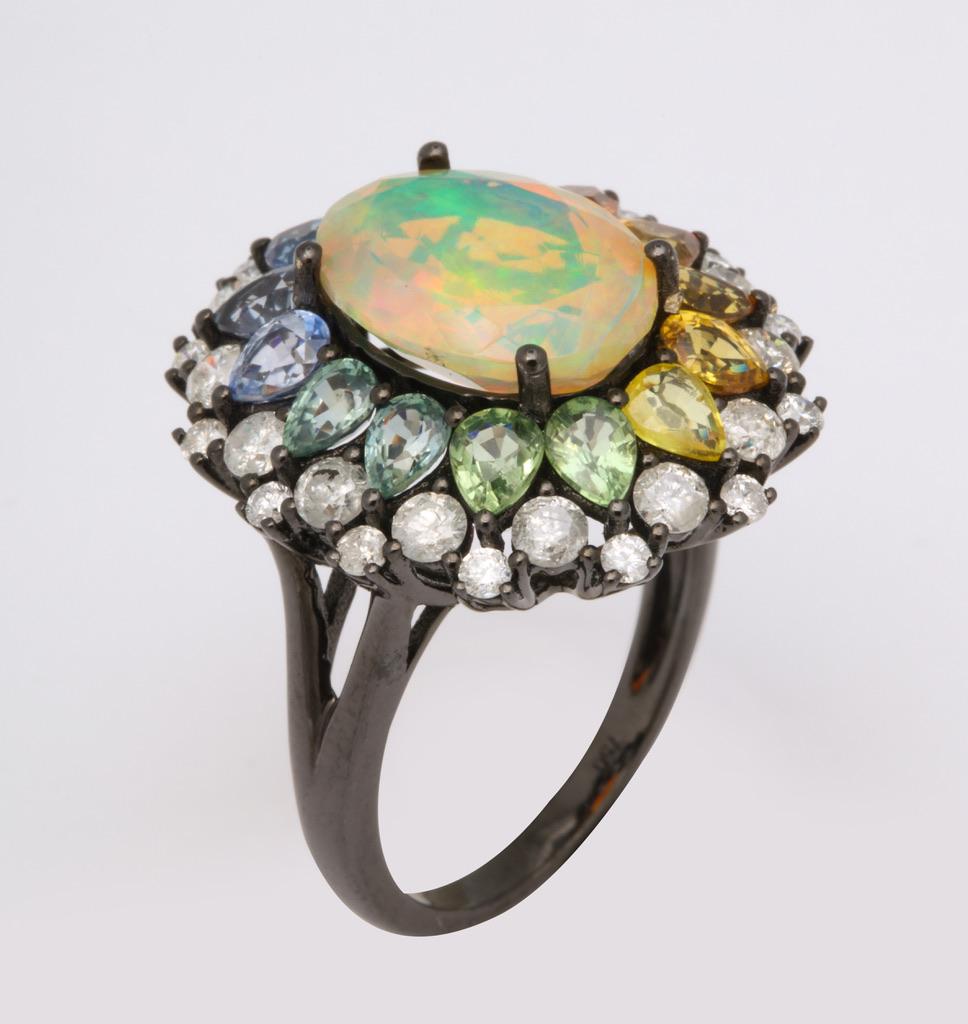 Contemporary Opal Multi-Color Sapphire Diamond Gold Ring