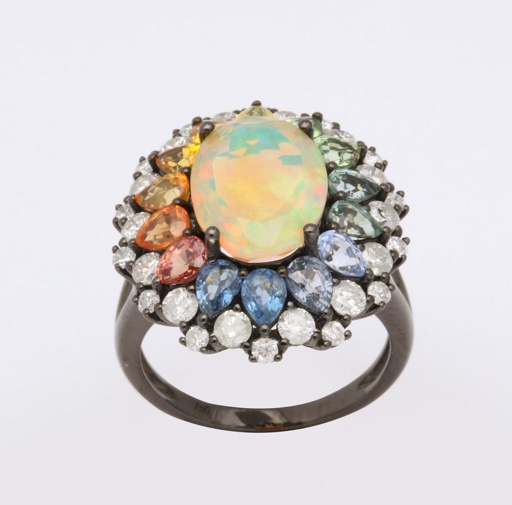 Cabochon Opal Multi-Color Sapphire Diamond Gold Ring