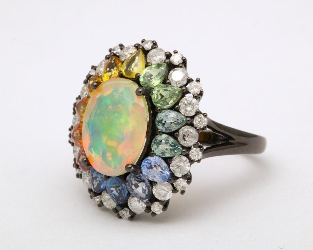 Opal Multi-Color Sapphire Diamond Gold Ring In New Condition In Bal Harbour, FL
