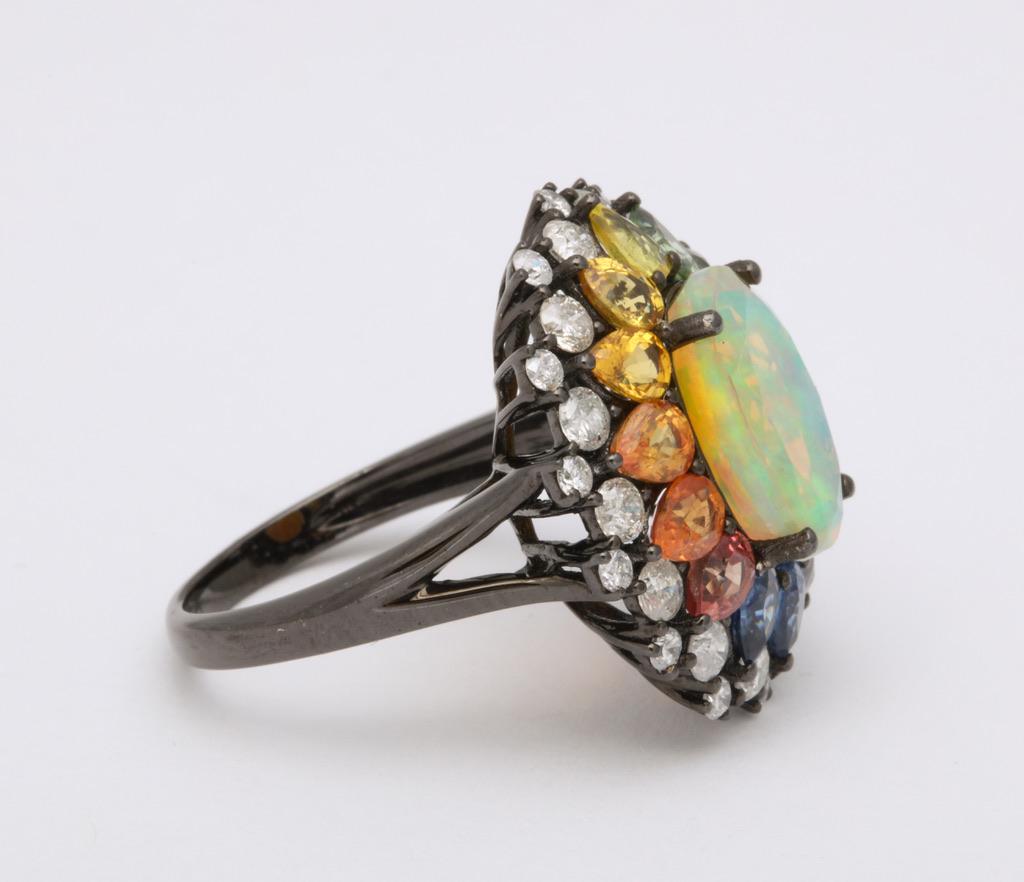 Women's Opal Multi-Color Sapphire Diamond Gold Ring