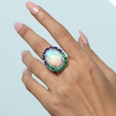 Opal & Multi Gemstone Ring With Diamonds Made In 18k White Gold