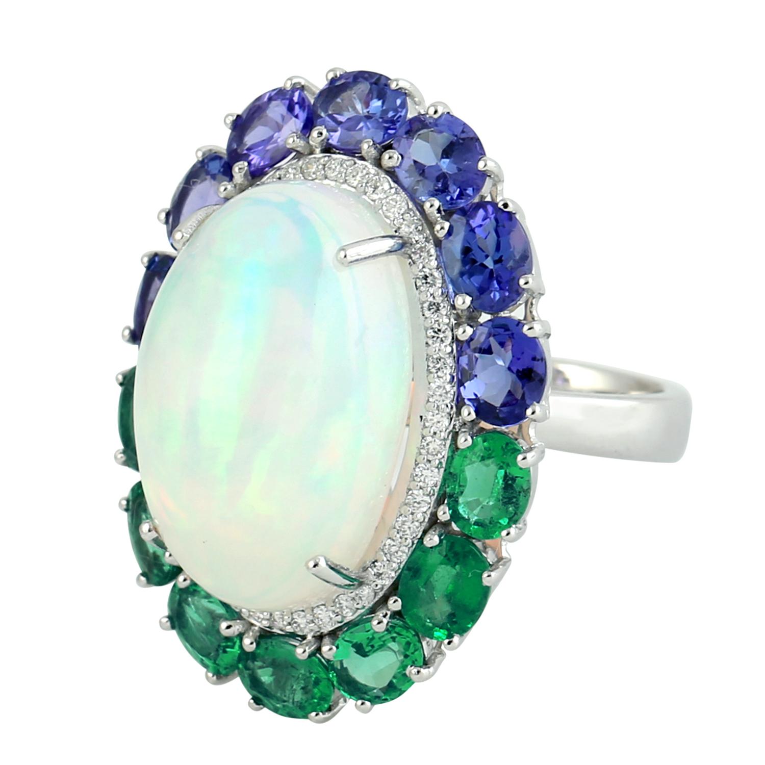 Contemporary Opal & Multi Gemstone Ring With Diamonds Made In 18k White Gold For Sale