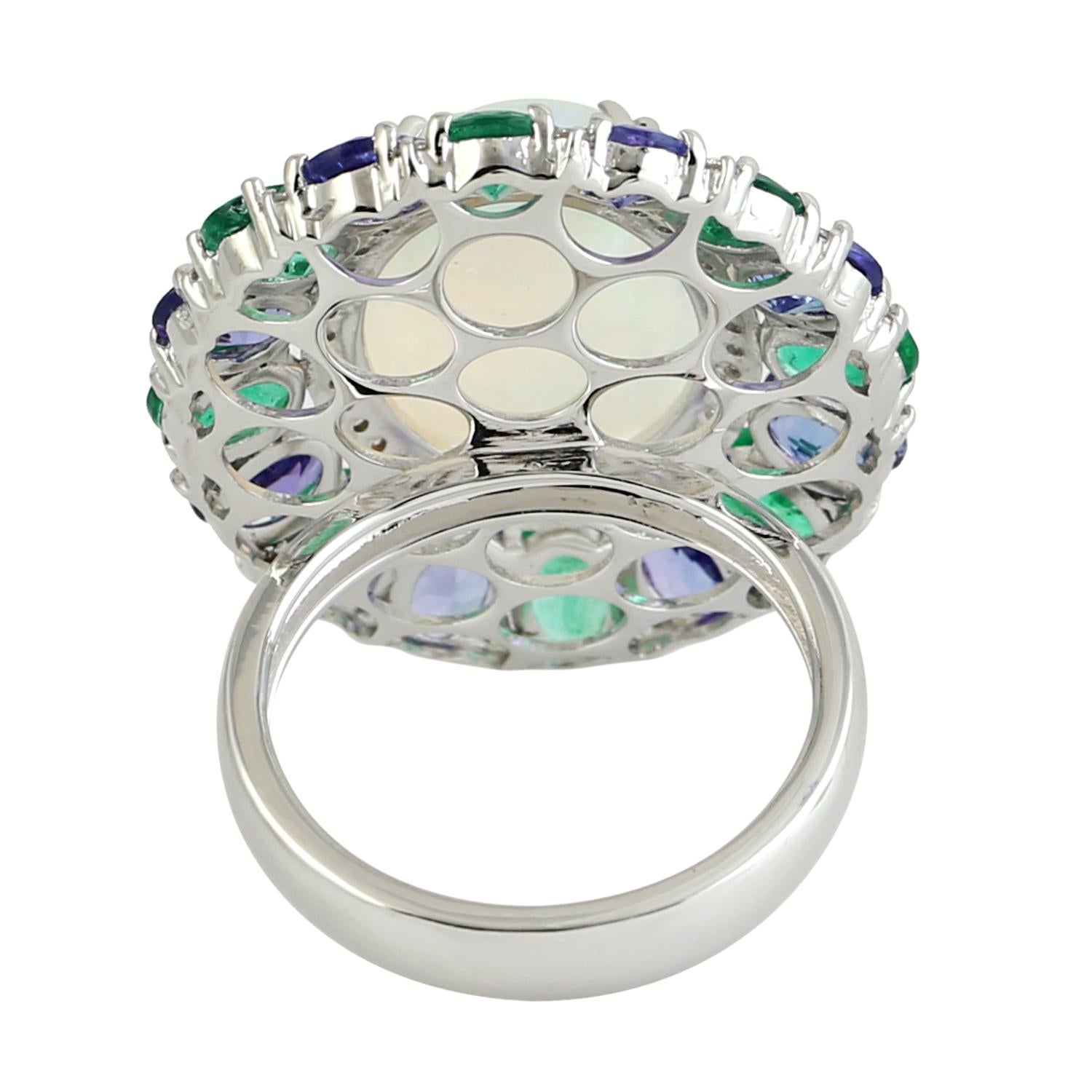 Contemporary Opal & Multi Gemstone Ring With Diamonds Made In 18k White Gold For Sale