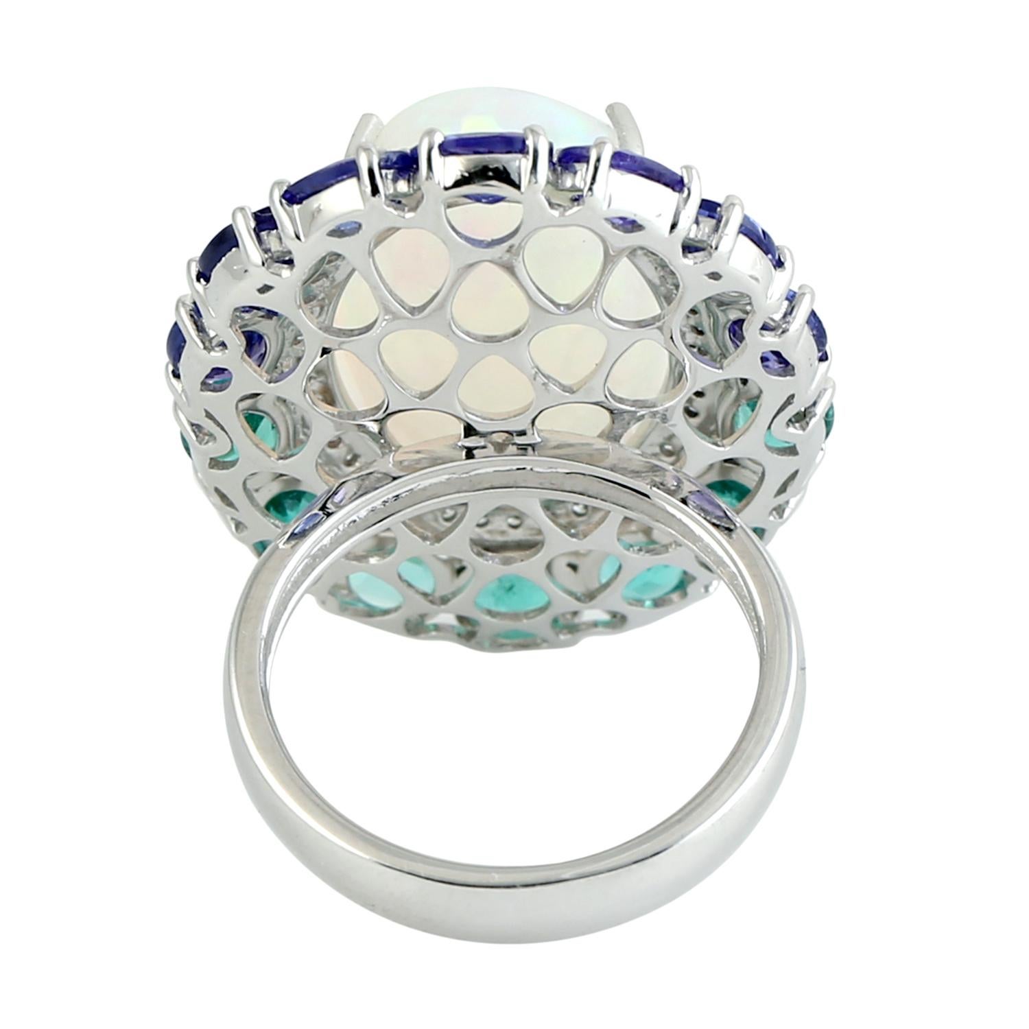 Mixed Cut Opal & Multi Gemstone Ring With Diamonds Made In 18k White Gold For Sale