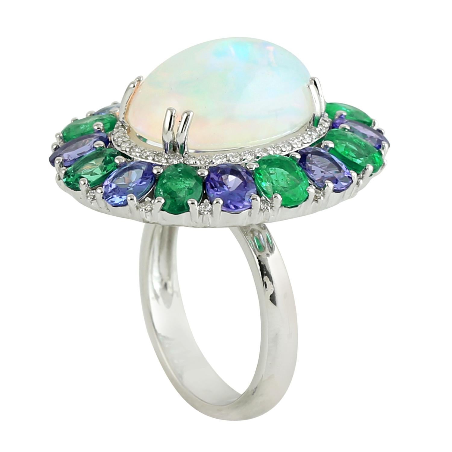 Mixed Cut Opal & Multi Gemstone Ring With Diamonds Made In 18k White Gold For Sale