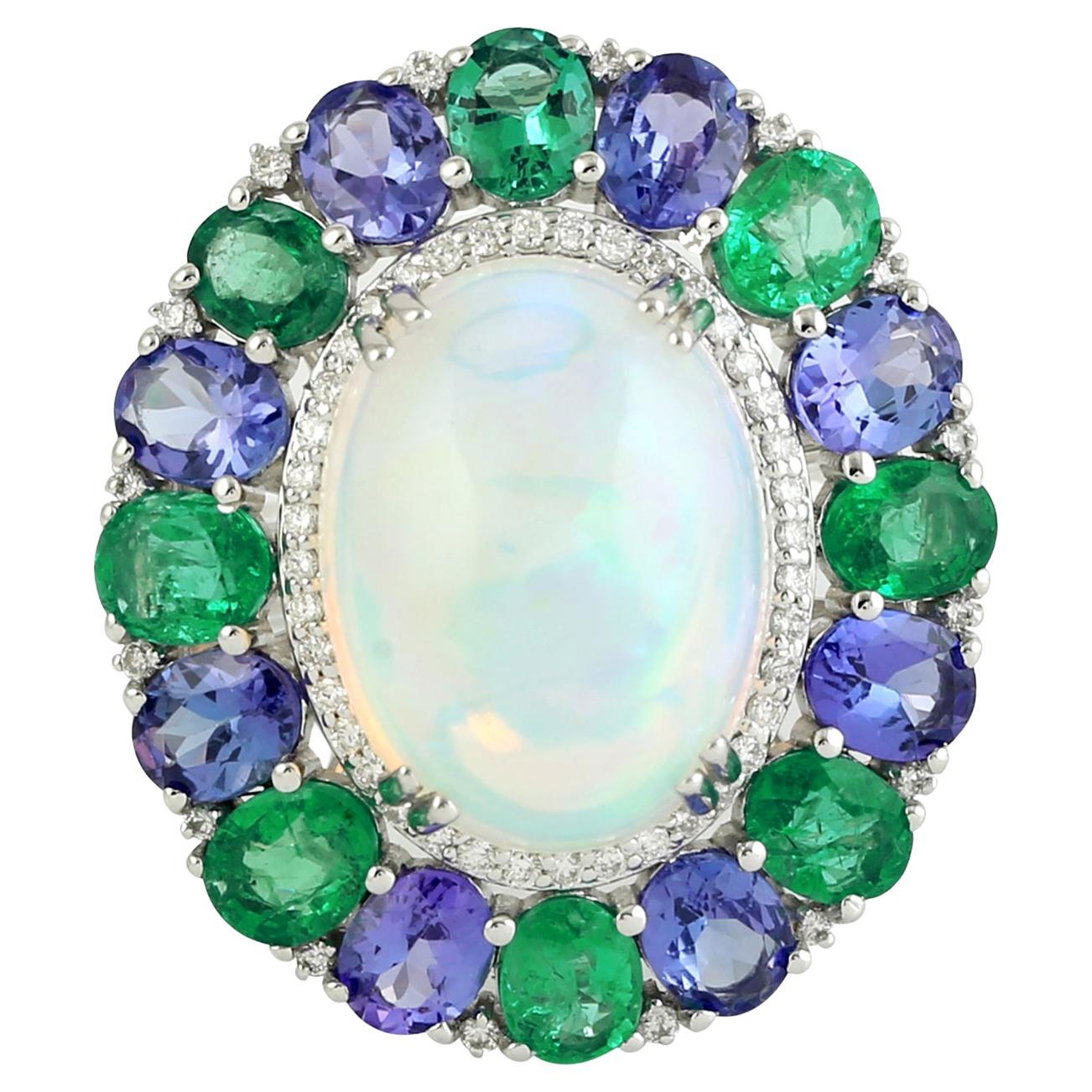 Opal & Multi Edelstein Ring mit Diamanten aus 18k Weißgold