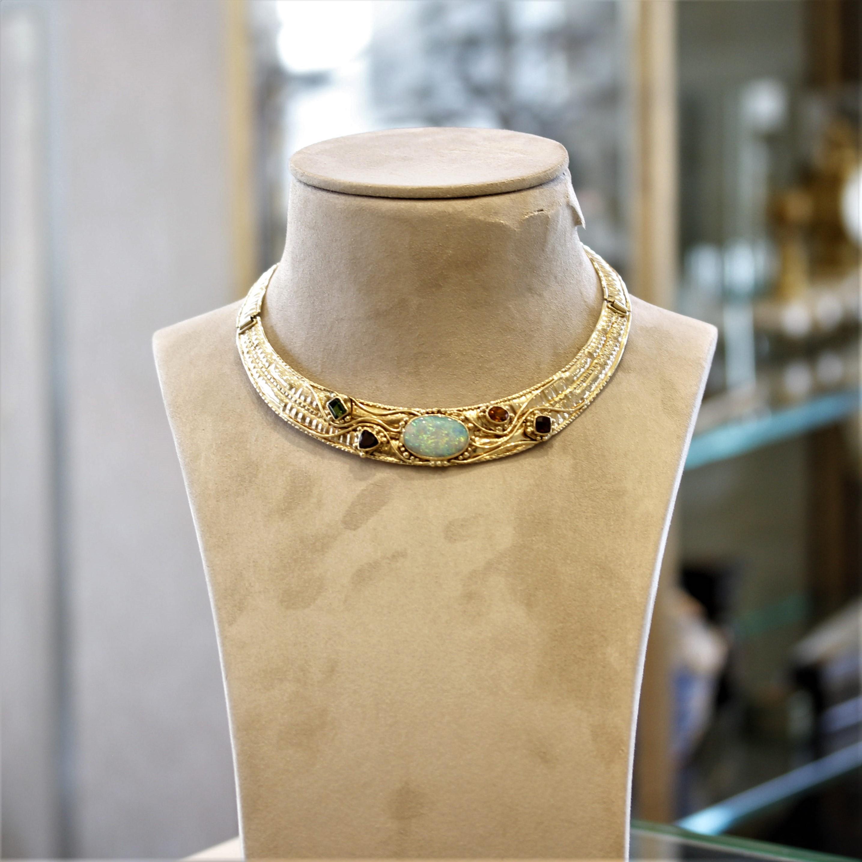 Women's Opal Multicolor Gemstone Gold Collar Necklace For Sale