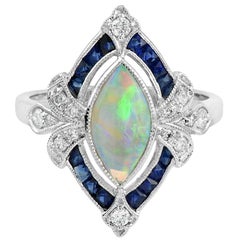 Vintage Opal Natural Blue Sapphire Diamond 18 Karat White Gold Ring