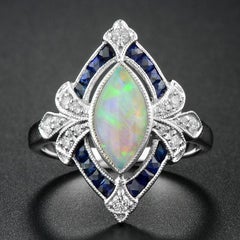 Opal Natural Blue Sapphire Diamond 18 Karat White Gold Ring