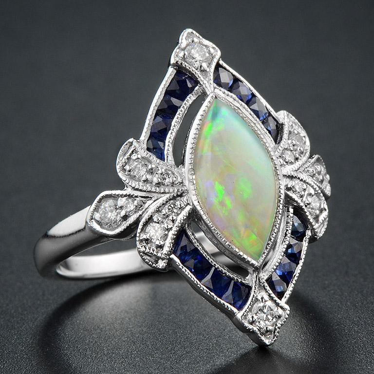 Art Deco Opal Natural Blue Sapphire Diamond 18 Karat White Gold Ring