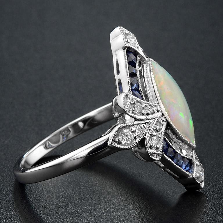 Marquise Cut Opal Natural Blue Sapphire Diamond 18 Karat White Gold Ring