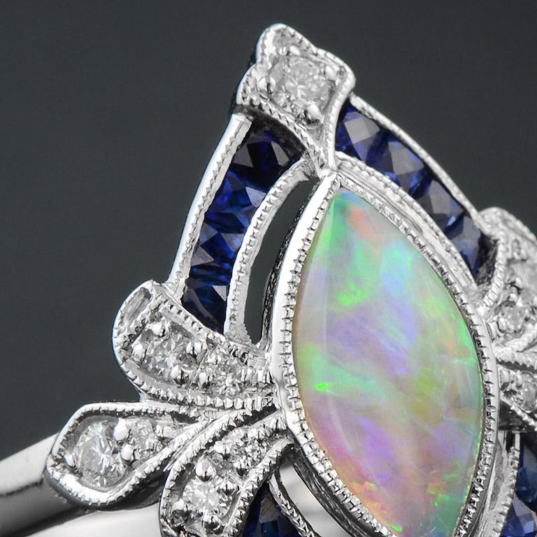 Opal Natural Blue Sapphire Diamond 18 Karat White Gold Ring In New Condition In Bangkok, TH
