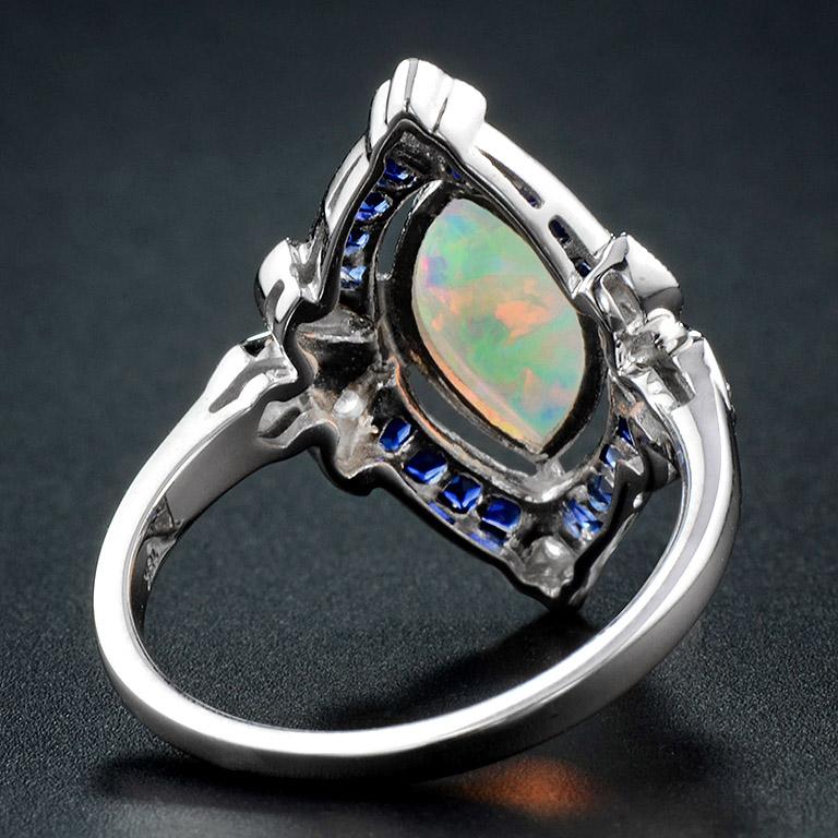 Women's Opal Natural Blue Sapphire Diamond 18 Karat White Gold Ring