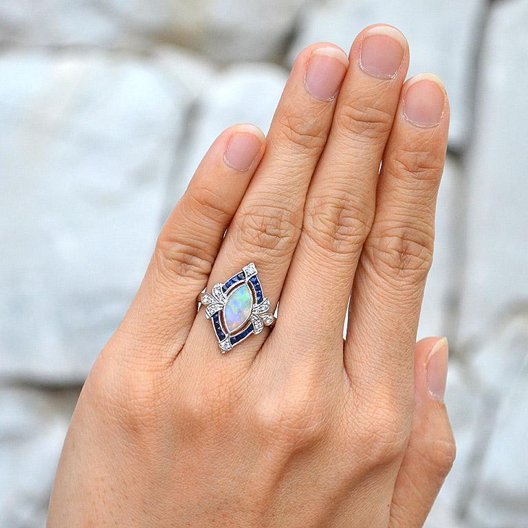 Opal Natural Blue Sapphire Diamond 18 Karat White Gold Ring 2