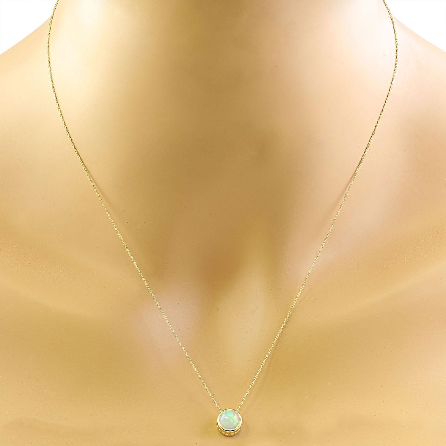 1.50 Carat Opal 14K Yellow Gold Necklace
Stamped: 14K
Total Necklace Weight: 1.4 Grams
Length 16 Inches
Opal Weight: 1.50 Carat (6.50x6.50 Millimeters) 
Face Measures: 8.20x8.20 Millimeter 
SKU: [600190]
