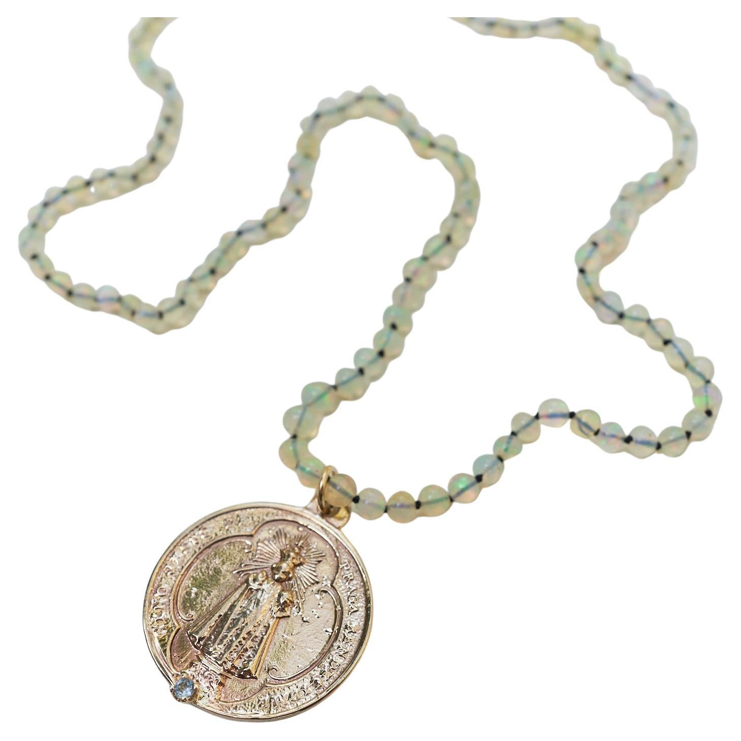 Collier ras du cou en bronze avec médaille d'opale et aigue-marine de la Vierge Marie