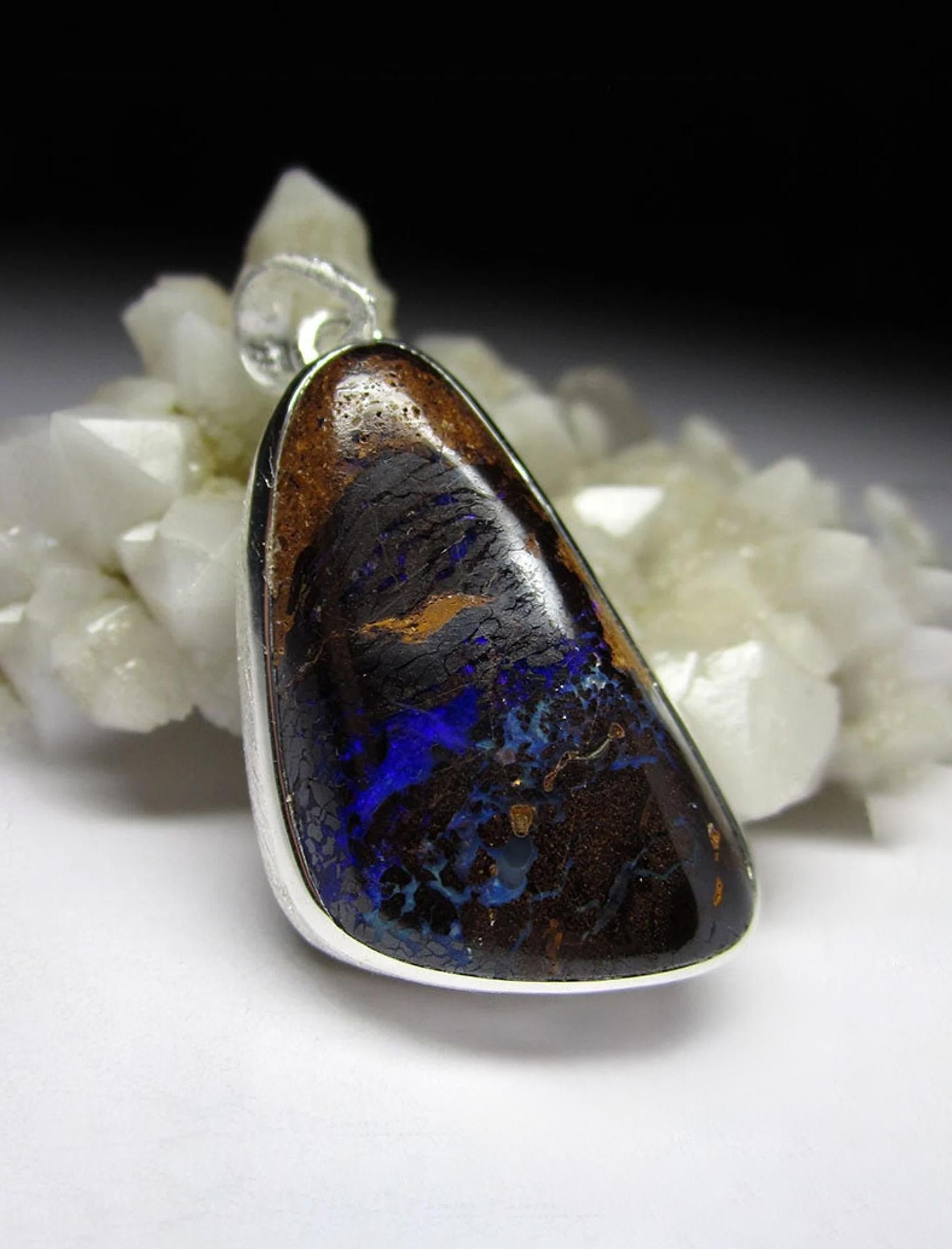 Opal necklace silver Blue Boulder Natural Australian Gemstone For Sale 3